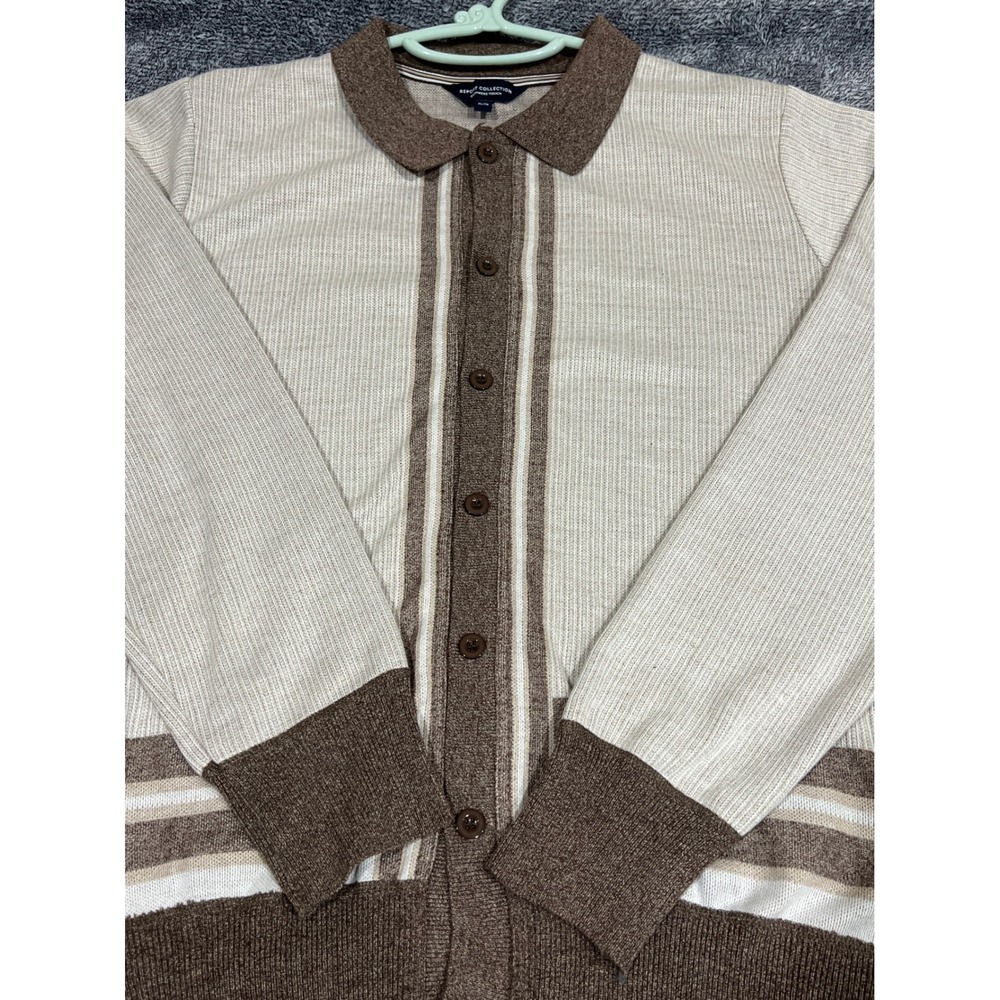 Report Collection Mens XL Brown Cream Striped Cashmere Touch Cardigan Sweater